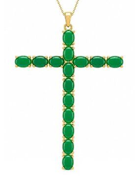 Genuine 11.25 Cts Jade Cross Pendant Necklace 14k Yellow Gold Plated (.925)